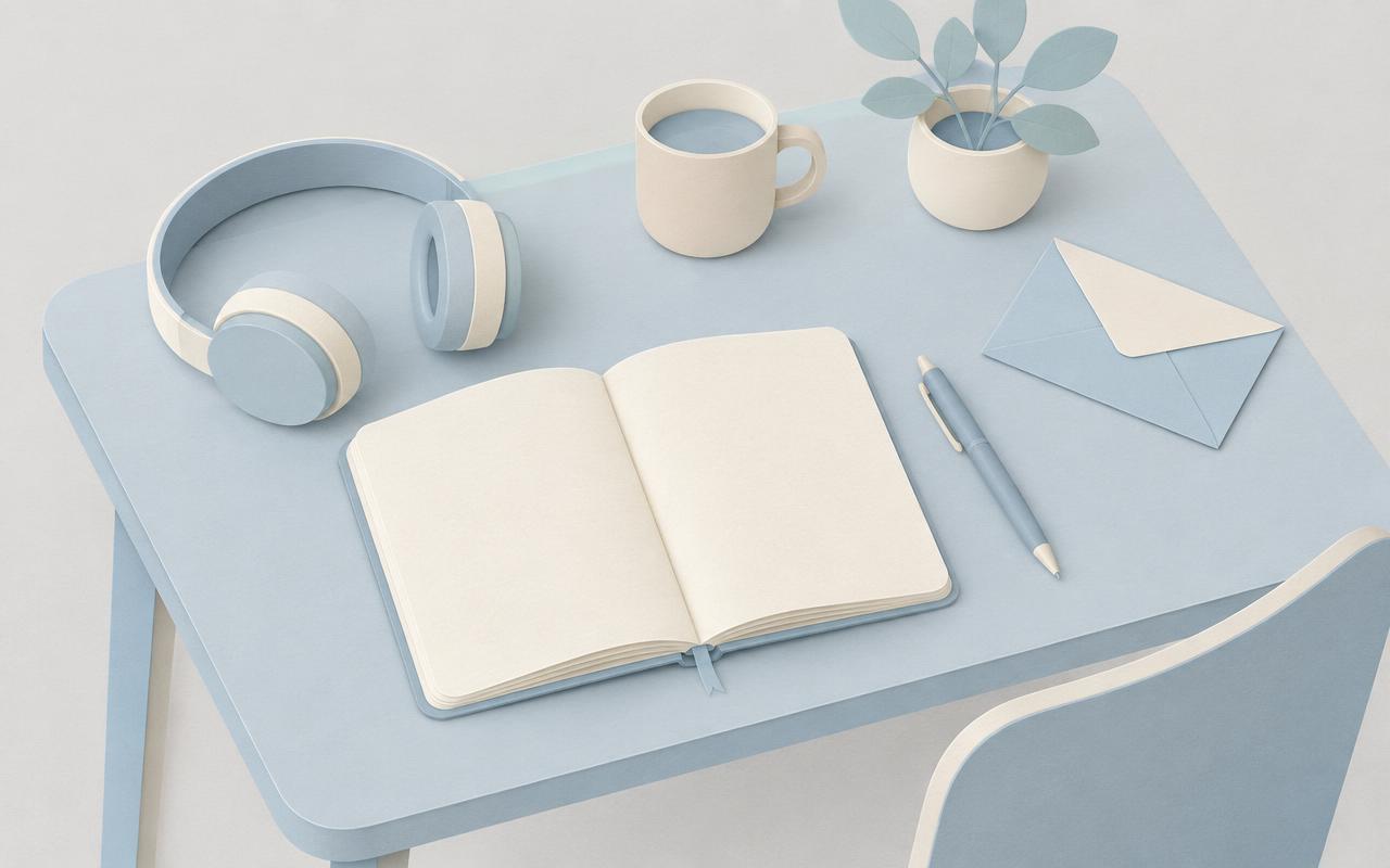 A desk with an open notebook, pen and headphones