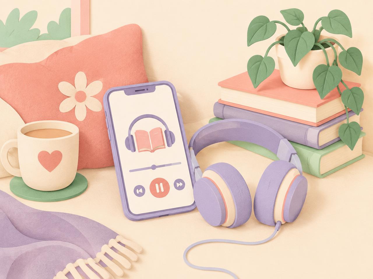 Phone playing an audiobook beside headphones and books